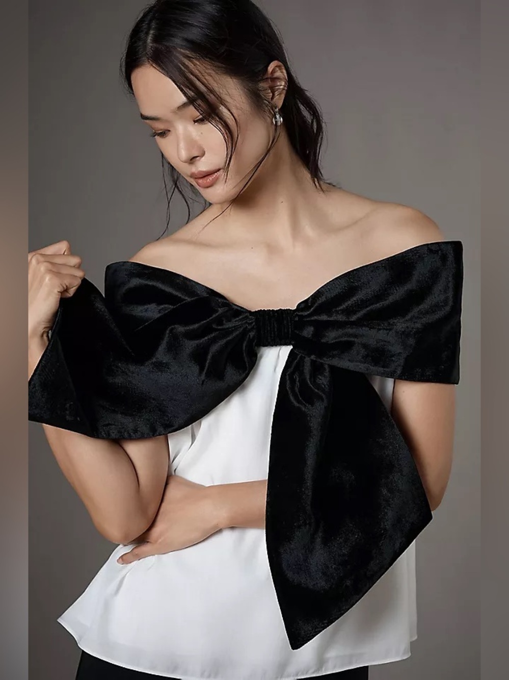 Anthropologie Mare Mare Off Shoulder Bow Top Women M Black White Velvet Statemen